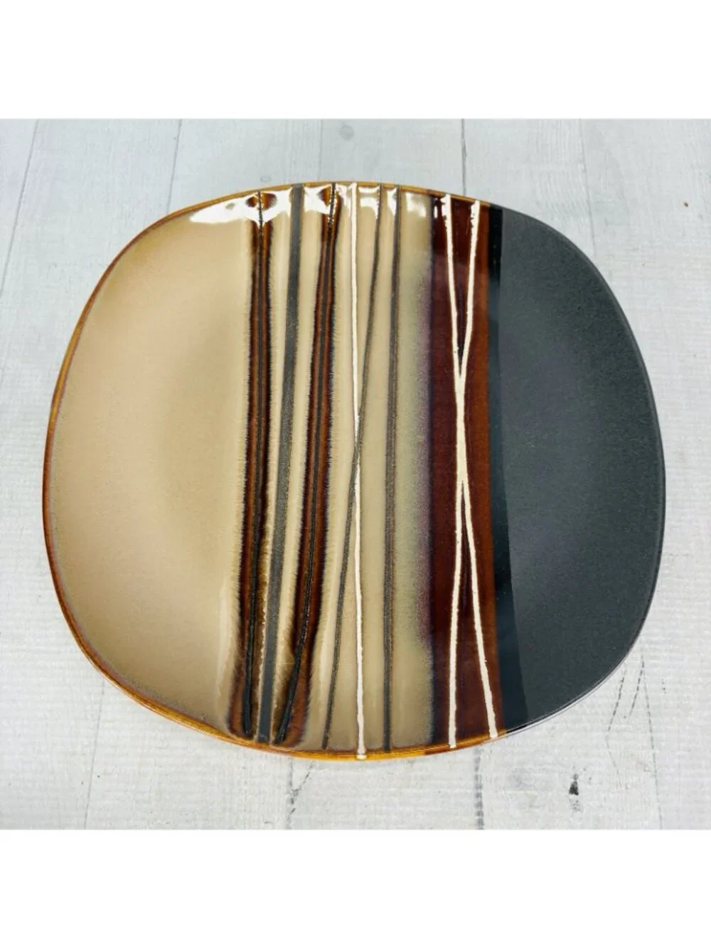 Home Trends BAZAAR BROWN Stoneware Square Tan Stripe 10 3/4